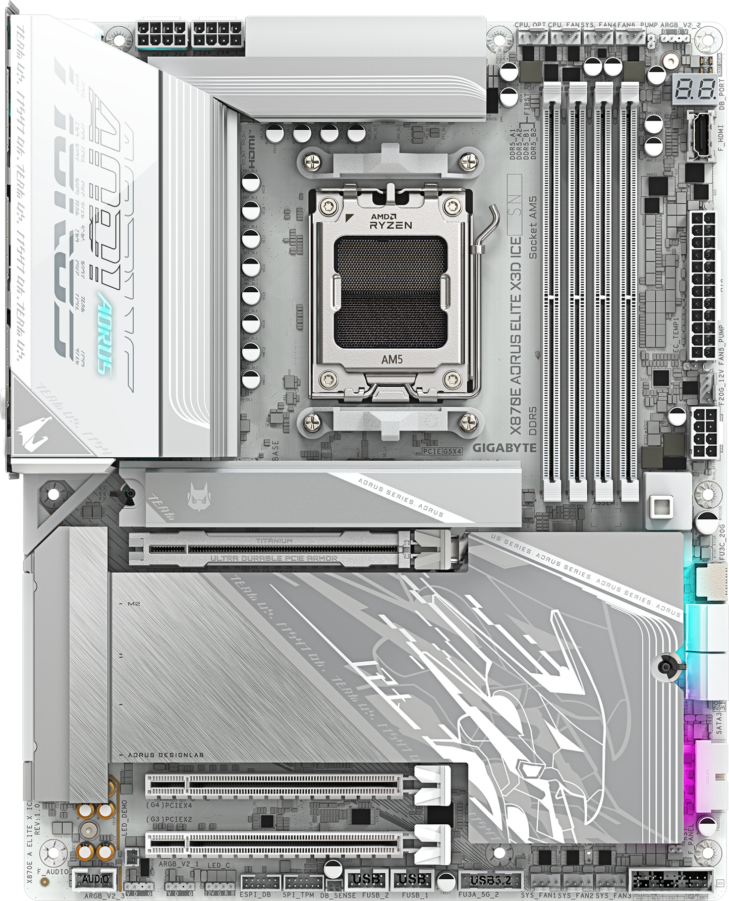 AORUS X870E ELITE X3D ICE motherboard alternate view