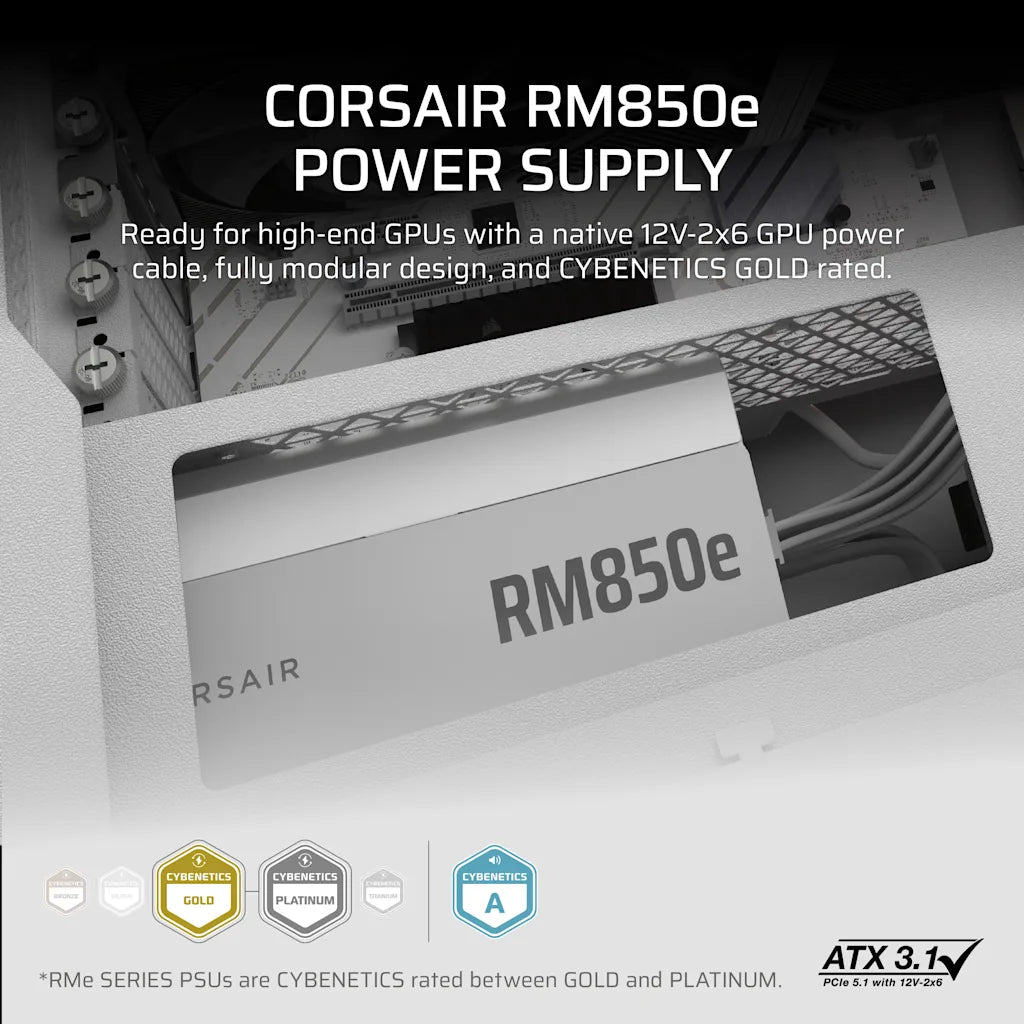 CORSAIR RME850e WHITE 850 WATT CYBENETICS GOLD FULLY MODULAR POWER SUPPLY official product image 2