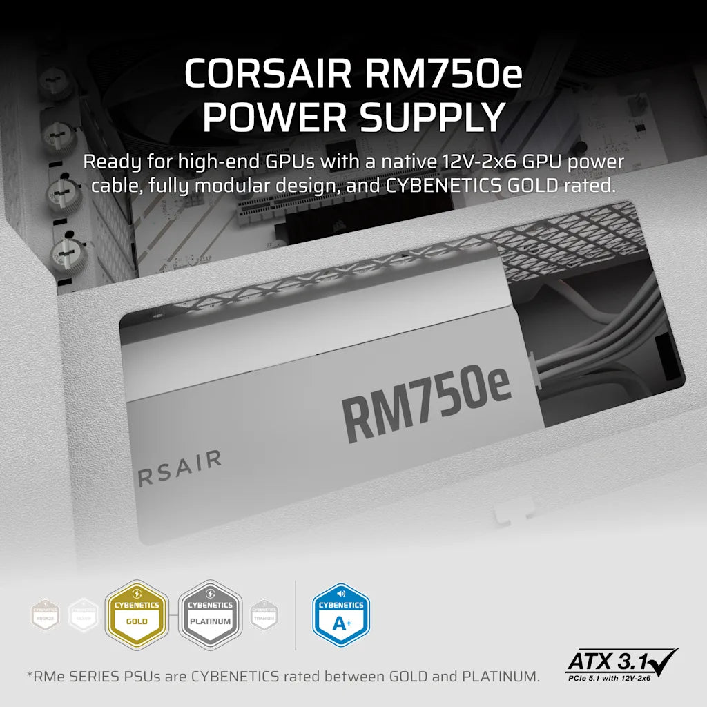 CORSAIR RME750e WHITE 750 WATT CYBENETICS GOLD FULLY MODULAR POWER SUPPLY official product image 2
