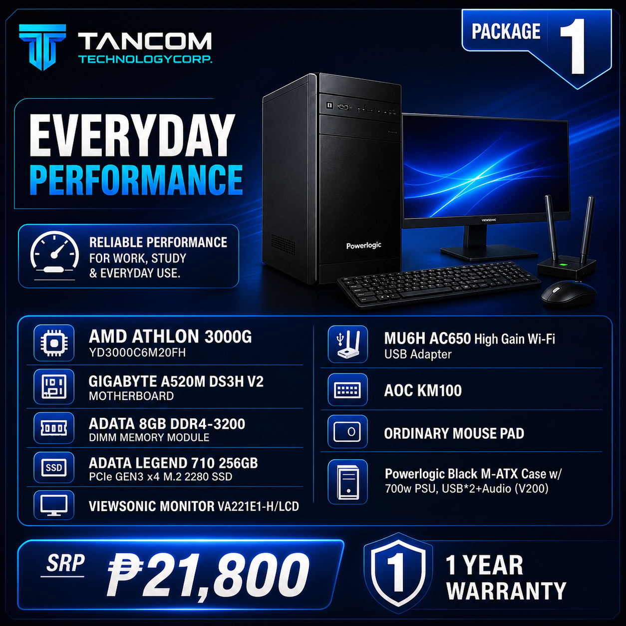 TANCOM Computer Package 1 – AMD Athlon 3000G Everyday Performance specifications and price