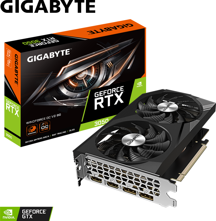 GIGABYTE GeForce RTX 3050 WINDFORCE OC 8G angled view