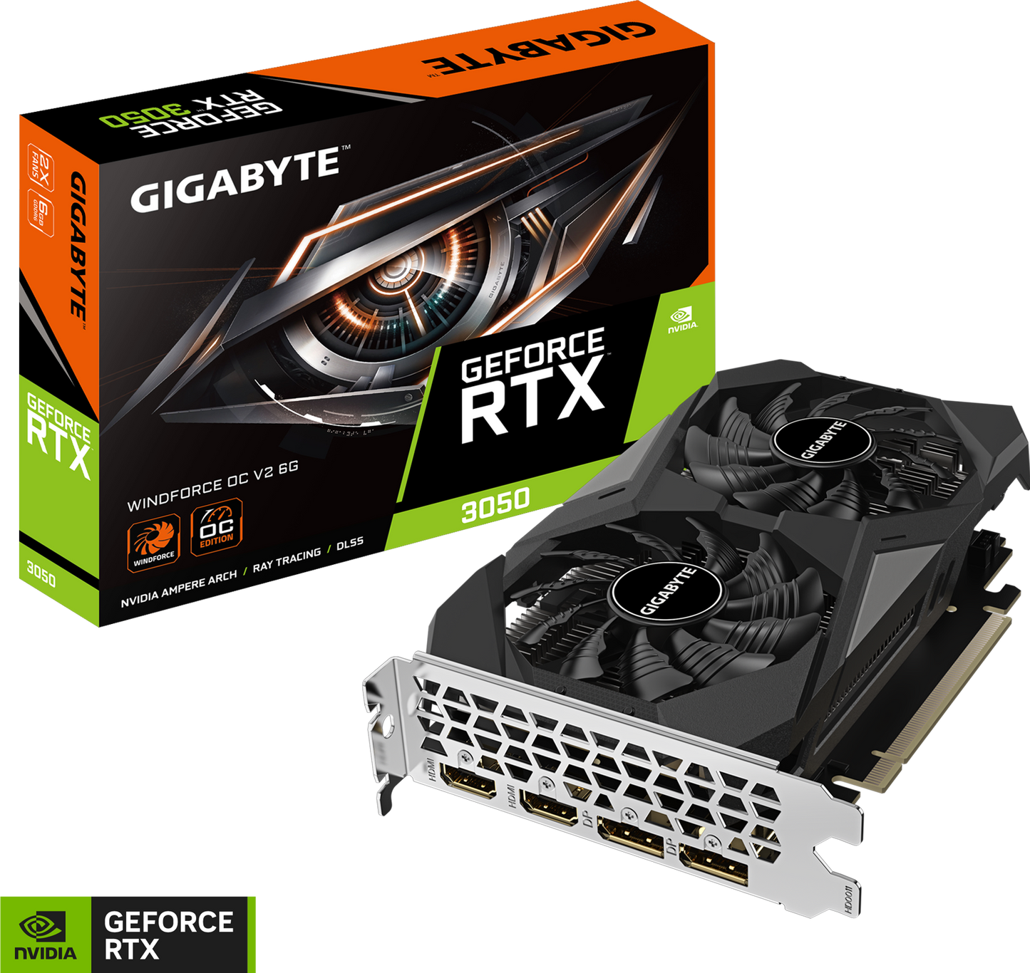GIGABYTE GeForce RTX 3050 WINDFORCE OC V2 6G angled view