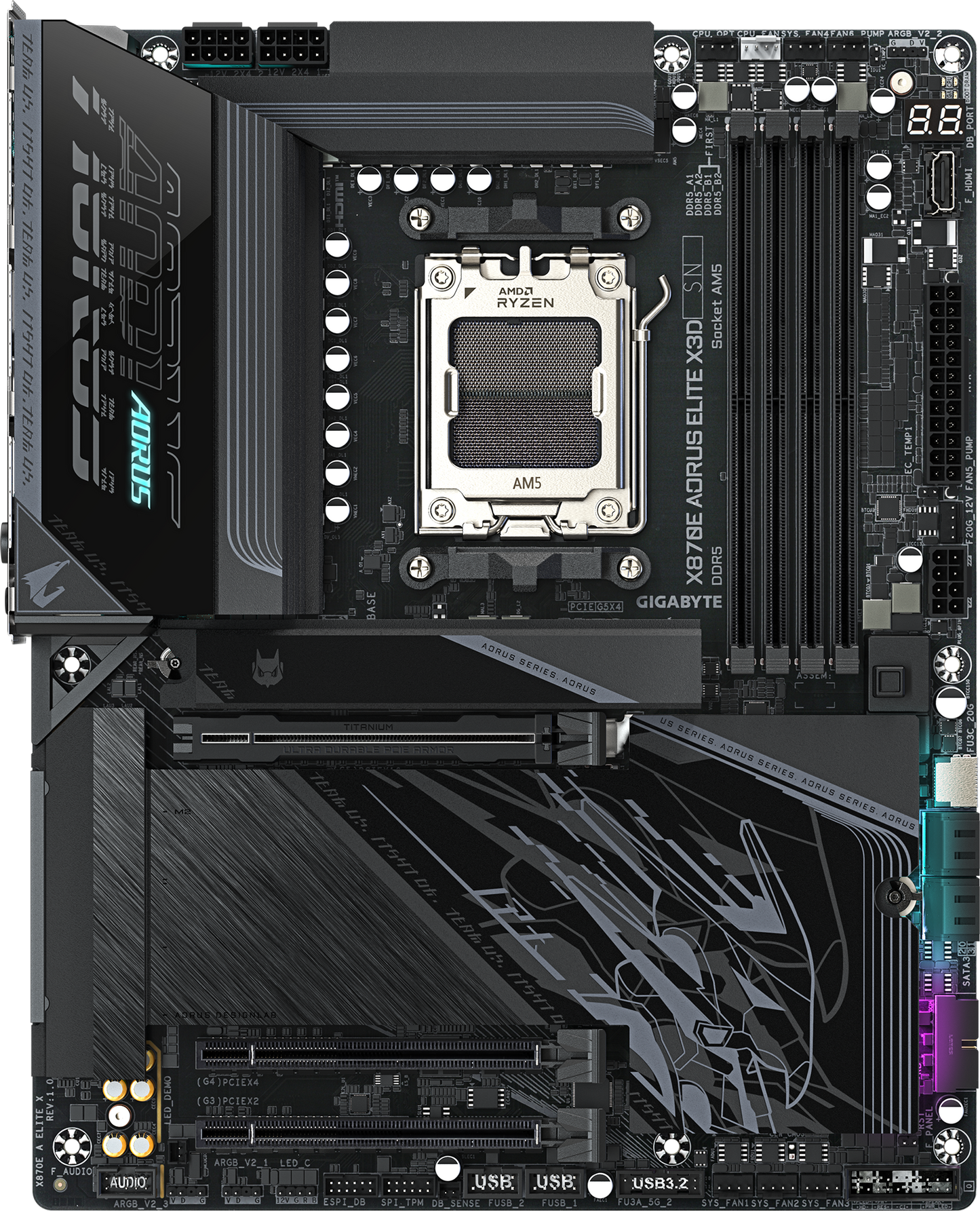 AORUS X870E ELITE X3D motherboard alternate view