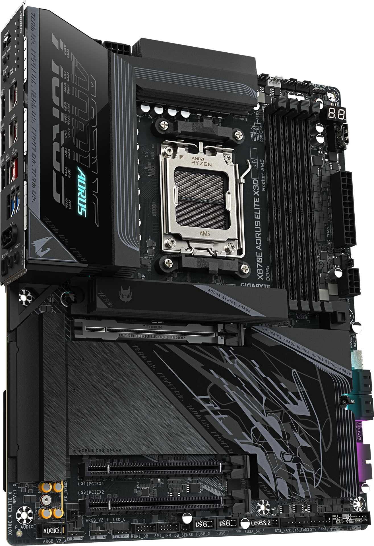 AORUS X870E ELITE X3D motherboard rear view