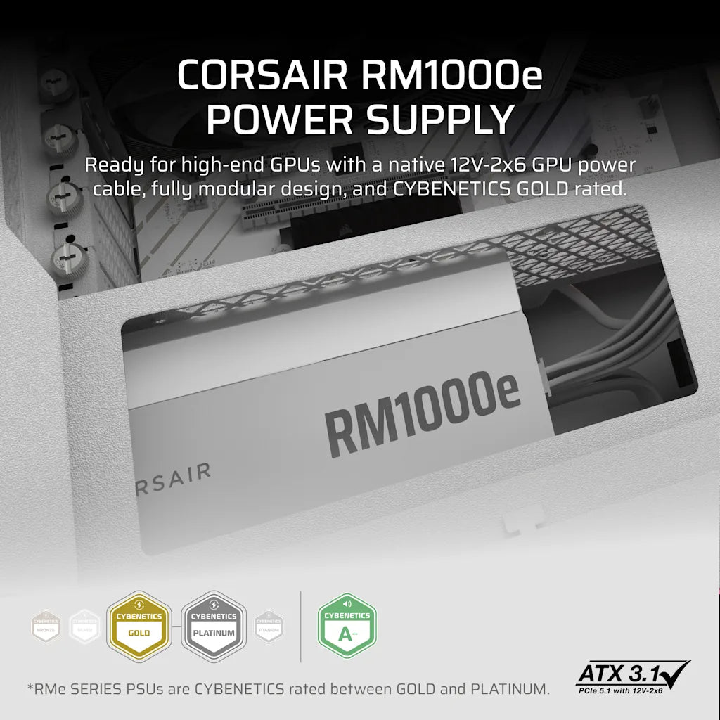CORSAIR RM1000e WHITE, CYBENETICS GOLD, ATX 3.1, FULLY MODULAR LOW-NOISE PSU official product image 2