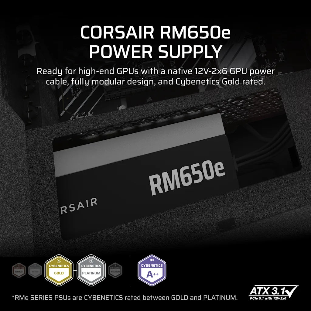 CORSAIR RM650e CYBENETICS GOLD, ATX 3.1 FULLY MODULAR LOW-NOISE PSU official product image 2