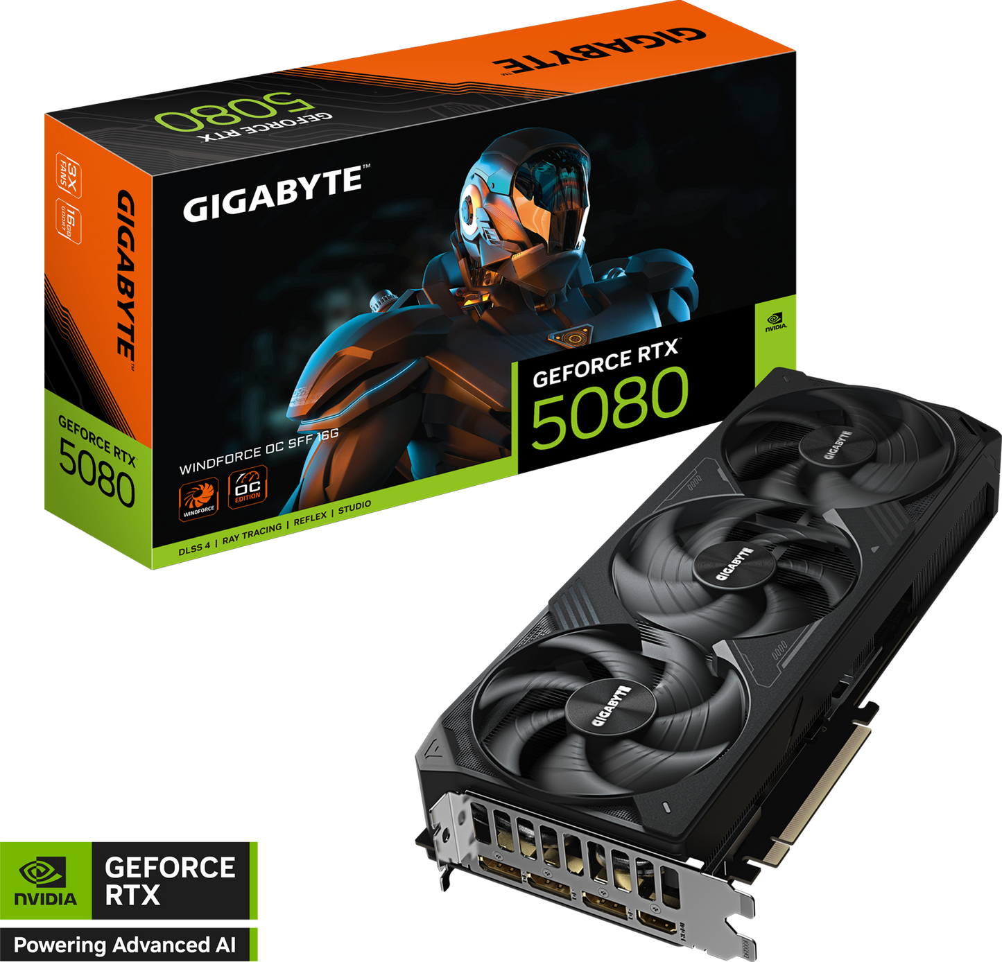 GIGABYTE GeForce RTX 5080 WINDFORCE OC SFF 16G angled view