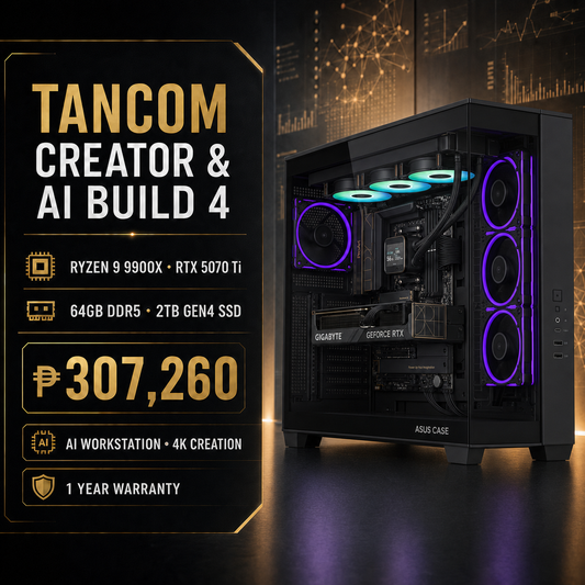 TANCOM Creator & AI Build 4 – Ryzen 9 9900X / RTX 5070 Ti / 64GB package overview - fully assembled exact components