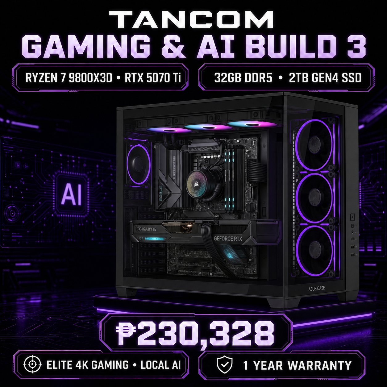 TANCOM Gaming & AI Build 3 – Ryzen 7 9800X3D / RTX 5070 Ti package overview - fully assembled exact components